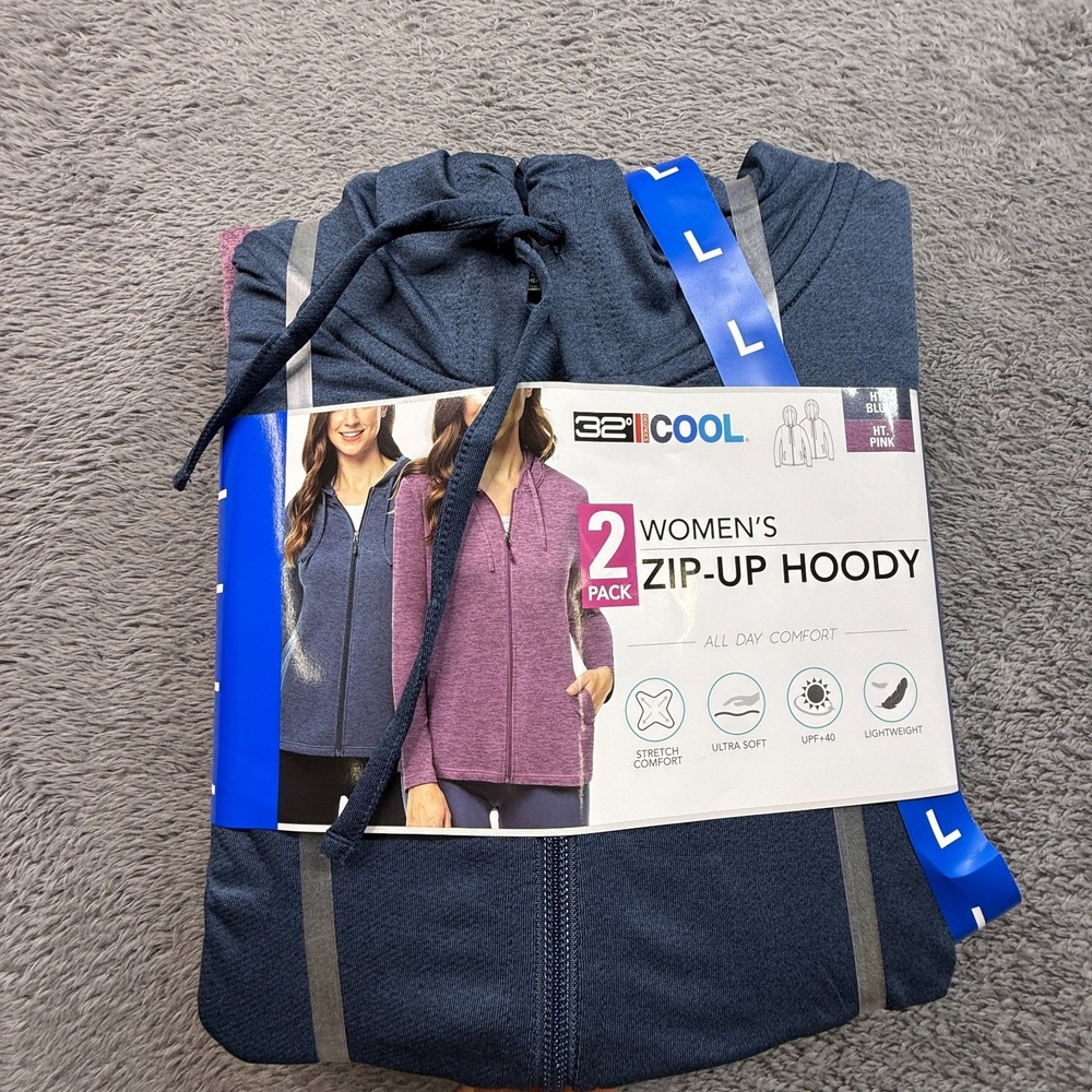 32 Degrees Womens L 2-Pack Lightweight Full Zip Hoodie NWT Heather Blue & Pink